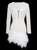 TARUXY Tiefem V-ausschnitt Mini Kleid Für Frauen Federn Patchwork Sexy Bodycon Kleider Damen Schlank Solide Party Prom Kleid Frau 2023 