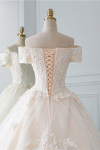 Off The Shoulder Tulle Princess Long Wedding Dress With Appliques Lace