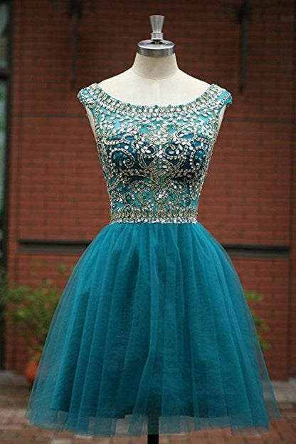 Grünes A-Linien-Heimkehrkleid aus Tüll mit Perlen und U-Ausschnitt für Mädchen 