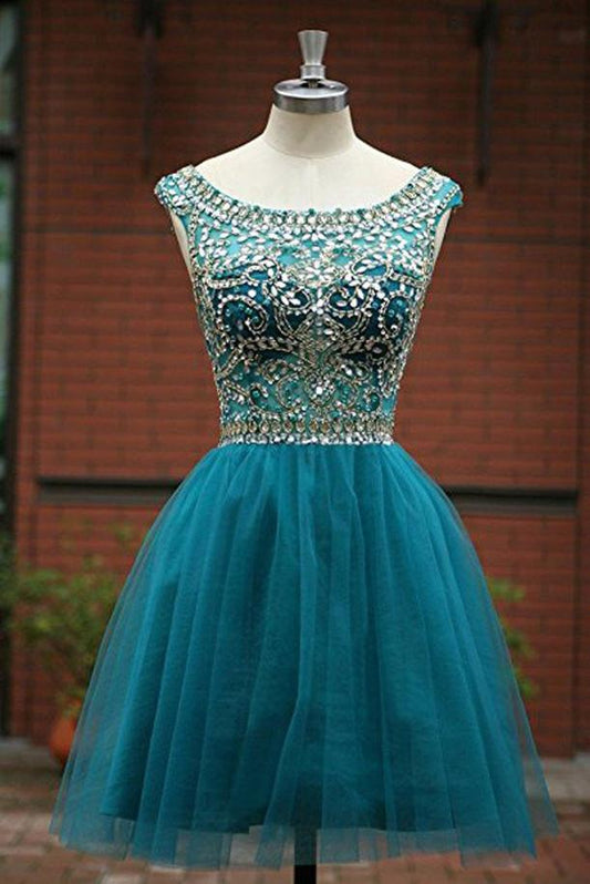 Green Beaded Tulle Scoop Neckline A Line Homecoming Dresses for Girls