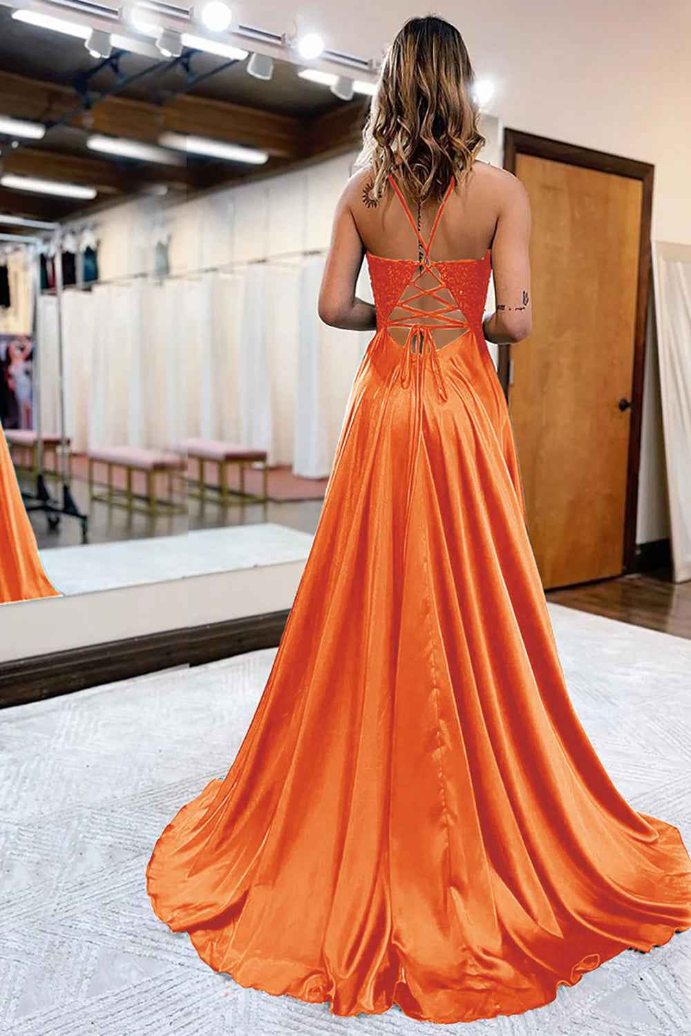 Dark Green Satin A-Line Appliqued Prom Dress With Side Slit For Formal Evening Party Occasions
