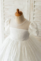 Lace First Communion Flower Girl Dress With Beading And Zip Back Scoop Neck