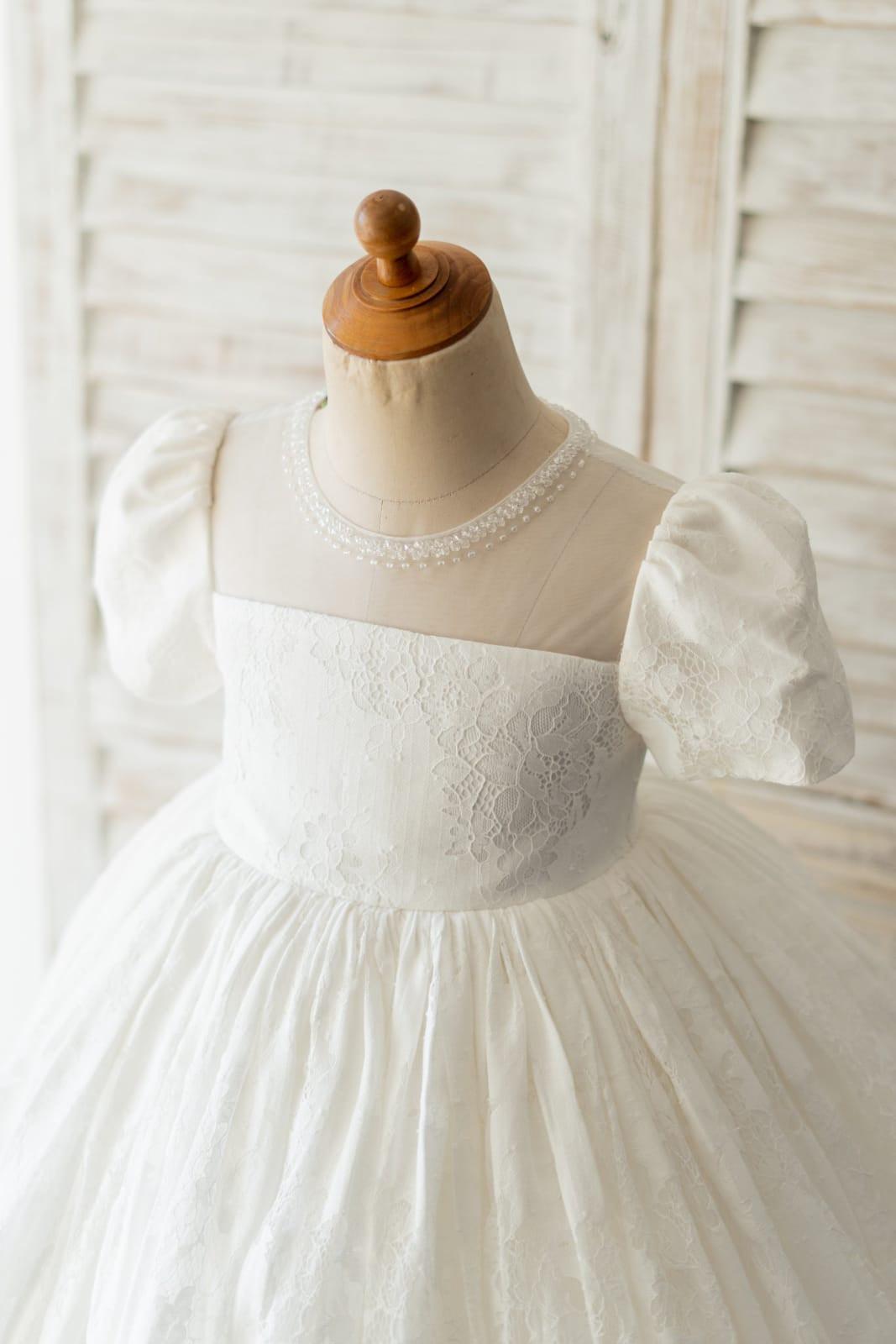 Lace First Communion Flower Girl Dress With Beading And Zip Back Scoop Neck