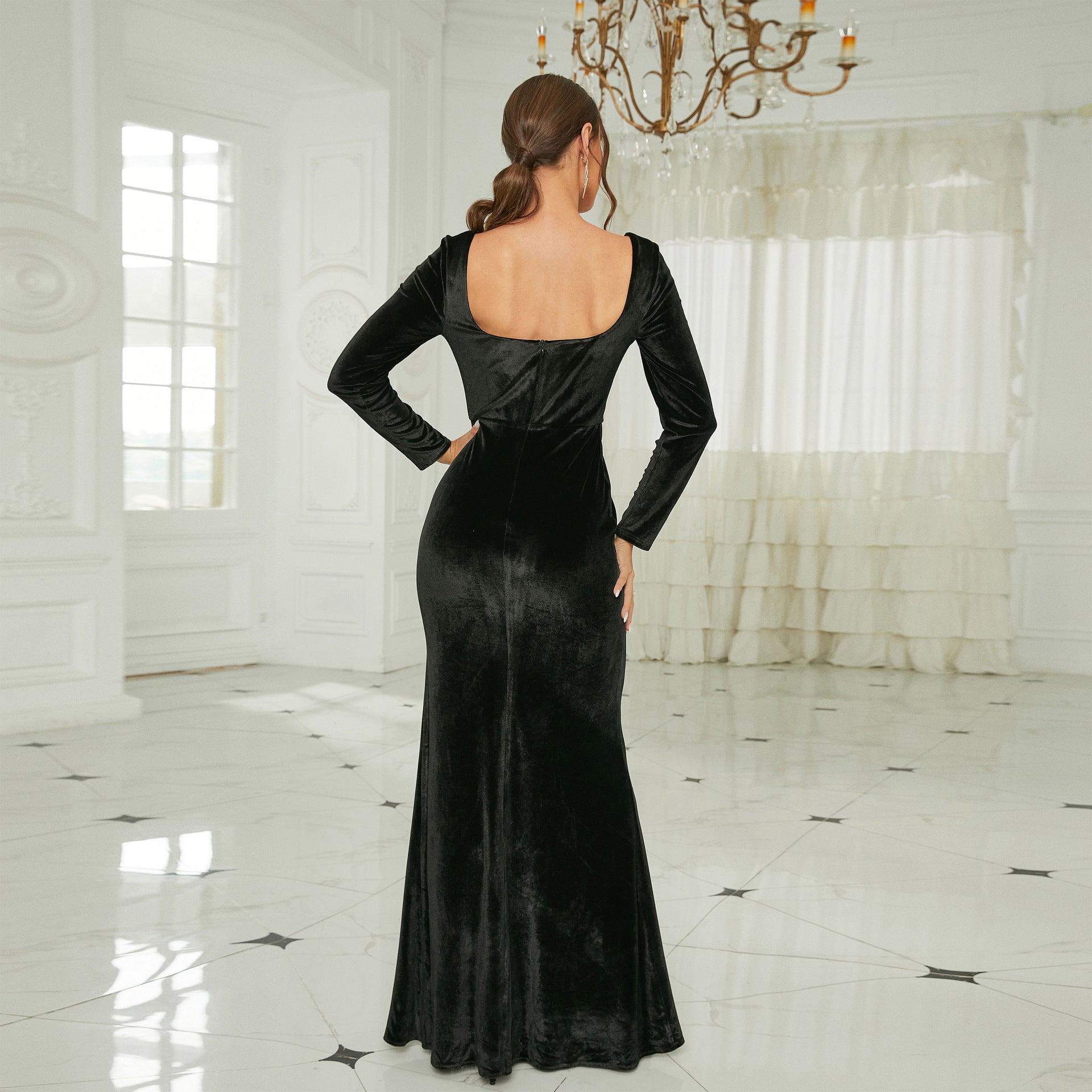Elegantes, sexy Langarm-Kleid mit langem, quadratischem Kragen aus Samt, Jahrestagung, geteiltes Abendkleid, Brautjungfernkleid, Damenkleid 