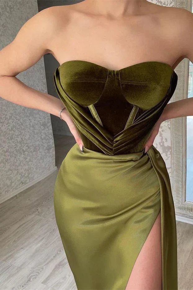 Vestido de Noite Modesto Elegante Verde Oliveira com Corpete de Veludo em Estilo Sereia Sem Alças Y377