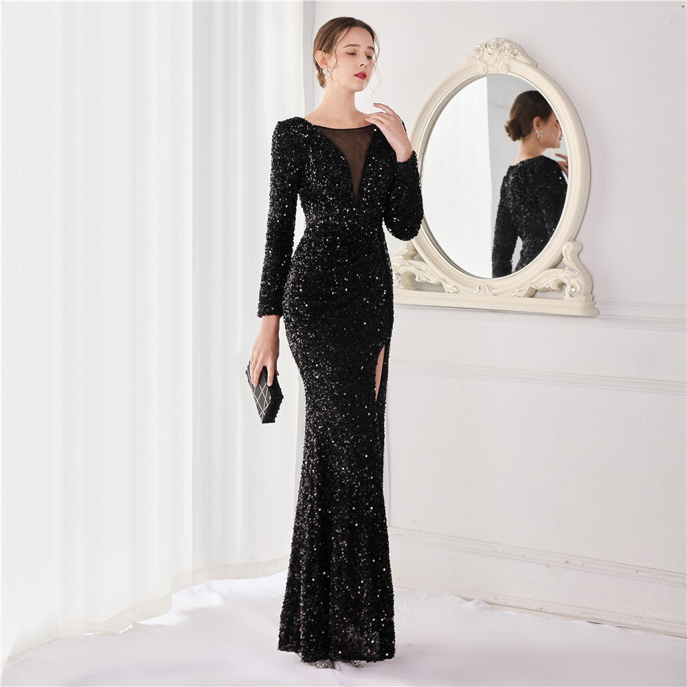 Cocktail Elegant Long Sleeve Sequined Fishtail Evening Dress