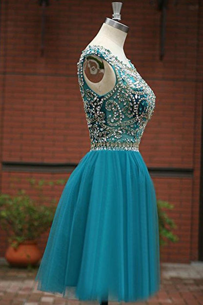 Grünes A-Linien-Heimkehrkleid aus Tüll mit Perlen und U-Ausschnitt für Mädchen 