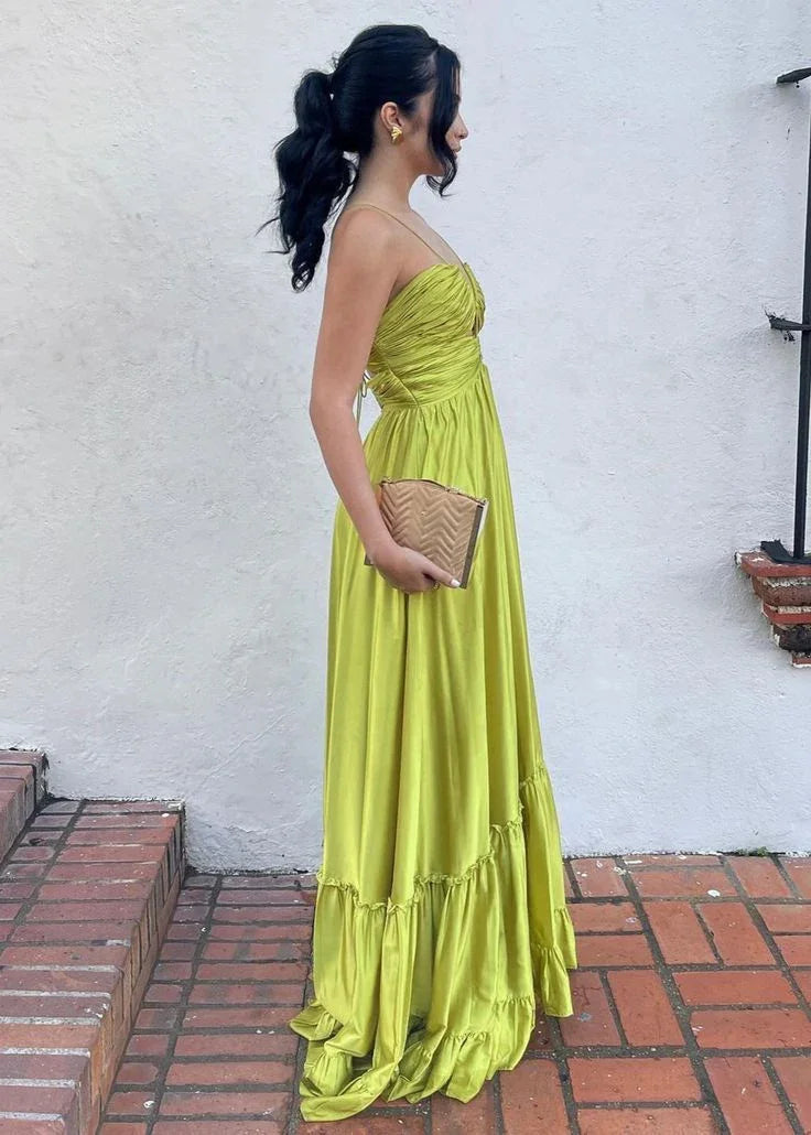 Robe de bal longue verte en satin froncée à col licou chic Robe de soirée formelle Y8098