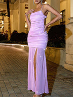 Rückenfreies Maxi-Abendkleid mit Schlitz und Netzstoff 