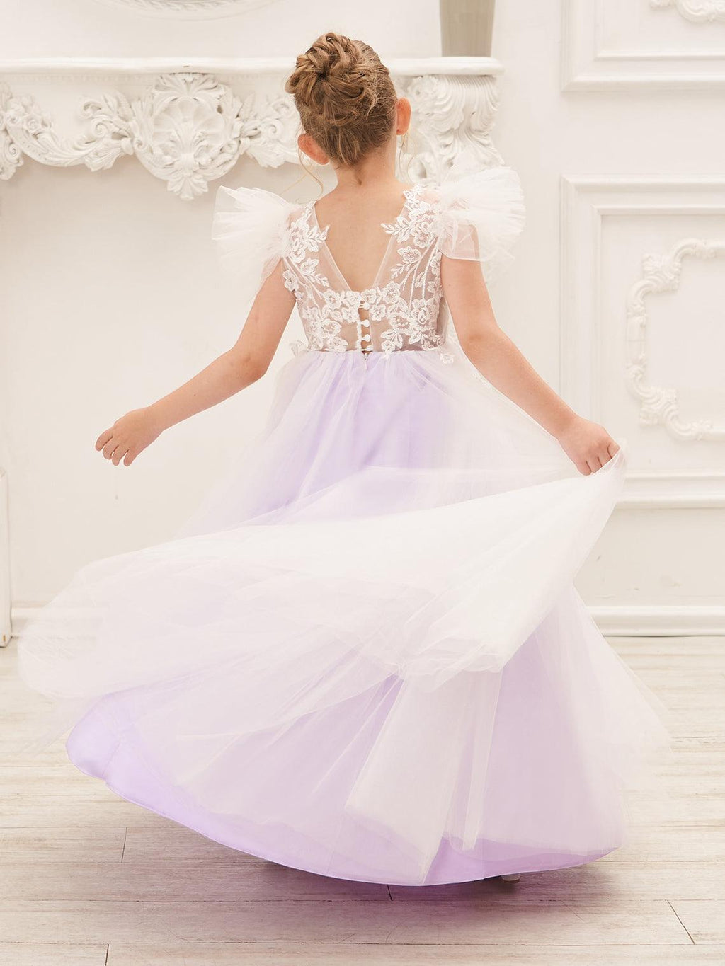 Detachable Lace Tulle Flower Girl Dress With Bow And Sweep Train