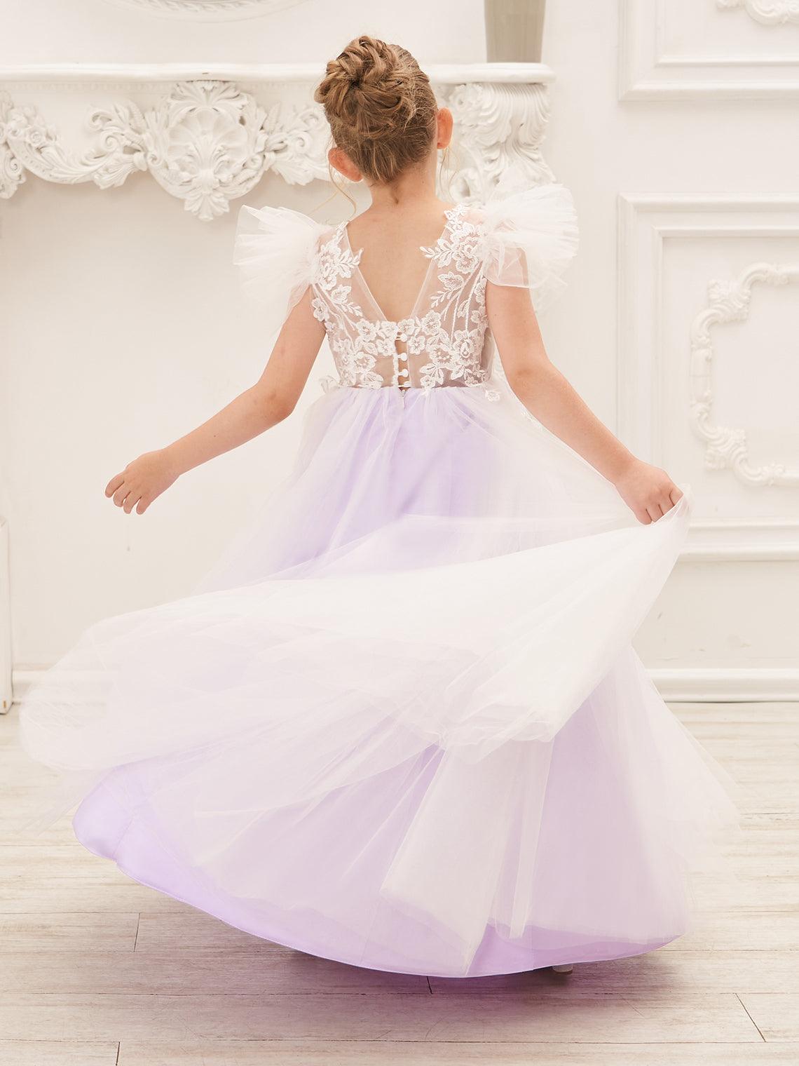 Detachable Lace Tulle Flower Girl Dress With Bow And Sweep Train