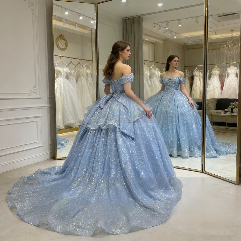 Echtes Bild Himmelblaues Kleid mit Kappenärmeln, Perlen, gestuftem Ballkleid aus Tüll, glänzend, Damen, Abschlussball, Festliche Anlässe, Quinceañera 15, Maßgeschneidert