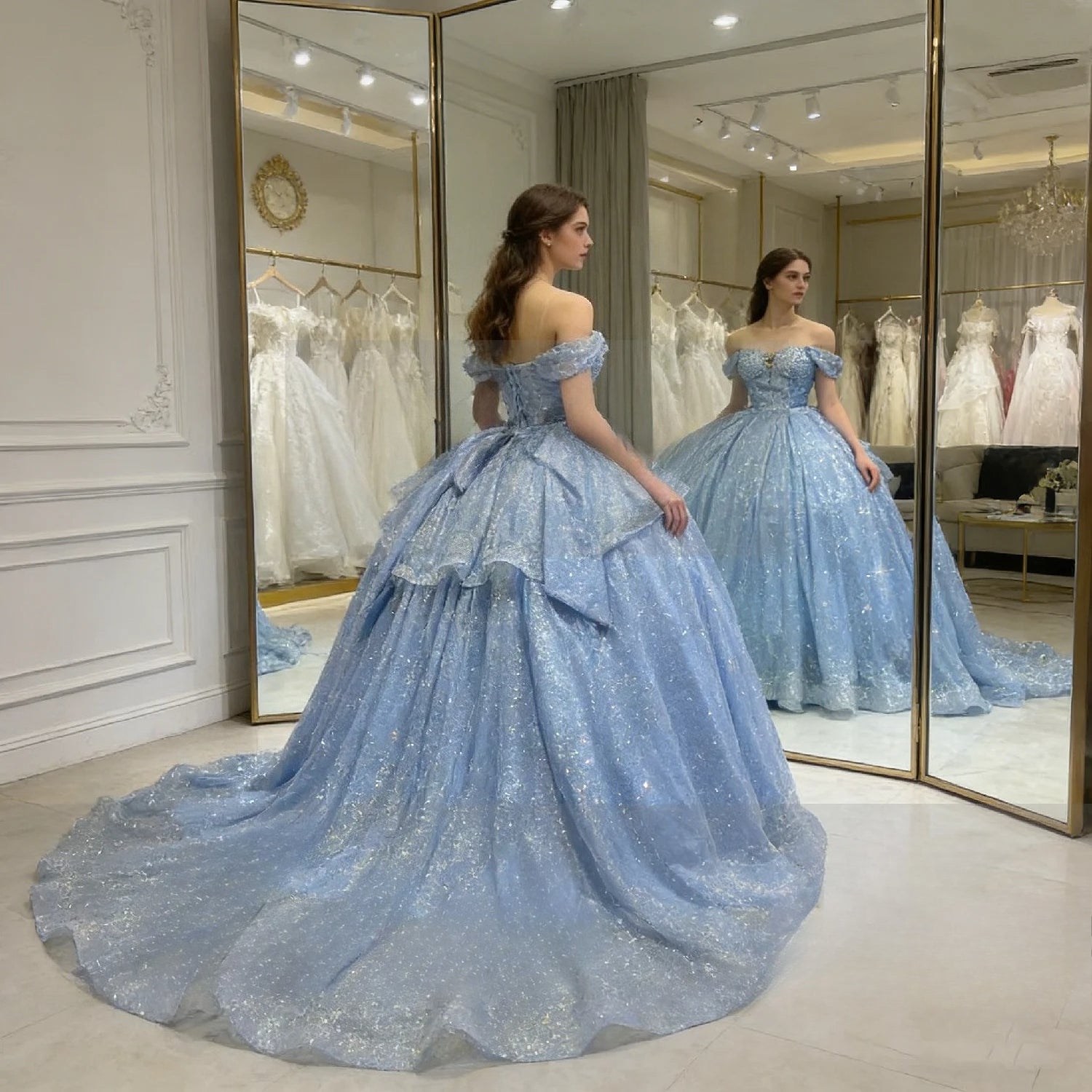 Echtes Bild Himmelblaues Kleid mit Kappenärmeln, Perlen, gestuftem Ballkleid aus Tüll, glänzend, Damen, Abschlussball, Festliche Anlässe, Quinceañera 15, Maßgeschneidert