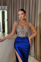 Bmbridal Royal Blue Straps Evening Dress Mermaid Split With Beadings