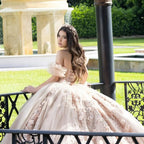 Abito da Quinceañera Champagne con Maniche Staccabili, Perline, Cristalli e Motivi Floreali 3D in Pizzo, Corpetto, Vestiti per 15 Anni 2026