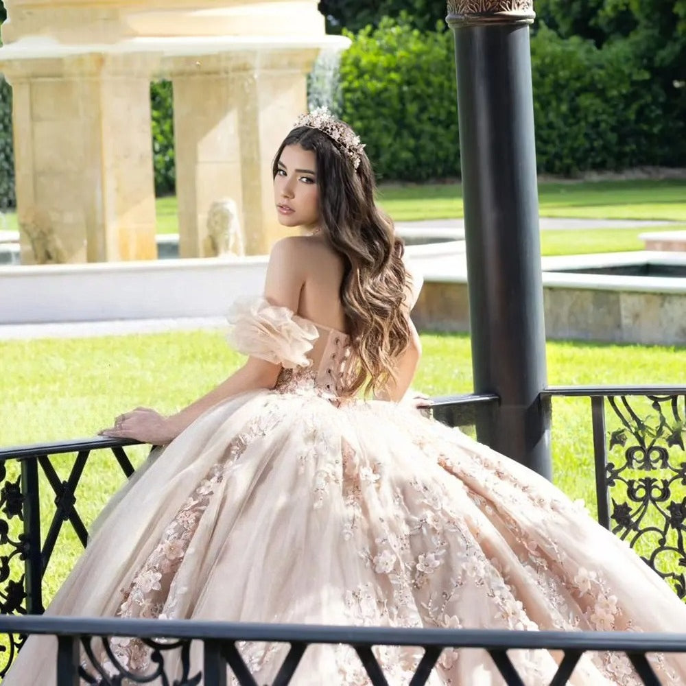 Abito da Quinceañera Champagne con Maniche Staccabili, Perline, Cristalli e Motivi Floreali 3D in Pizzo, Corpetto, Vestiti per 15 Anni 2026