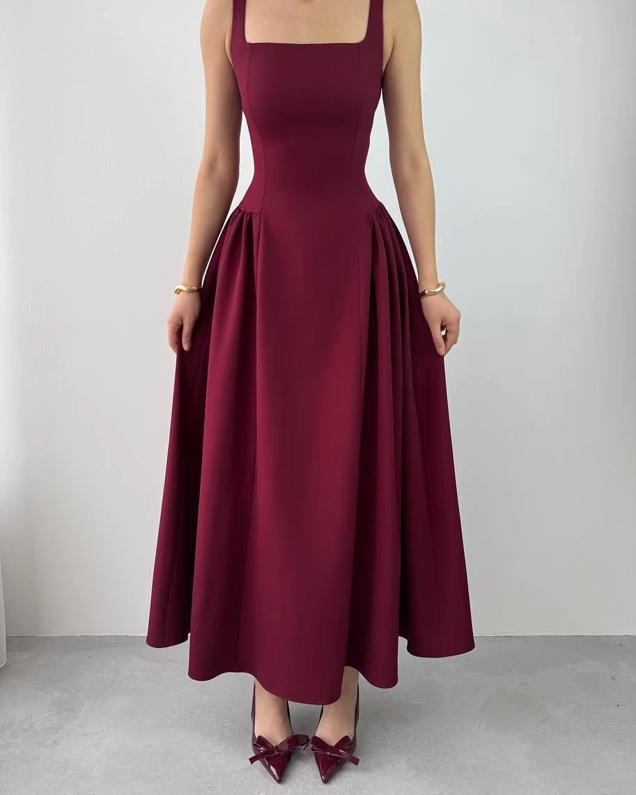 Sleeveless Square Neck Prom Dress Tea Length With Pleated Custom Colors