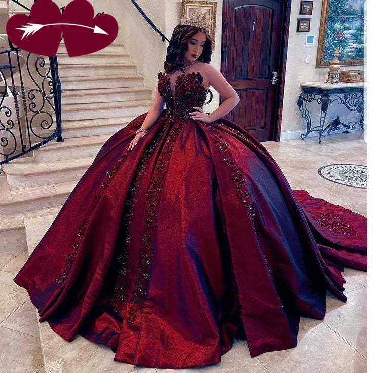 Wunderschönes burgunderrotes Kleid mit Perlenbesatz, Ballkleid, A-Linie, Quinceañera-Kleid Y7680