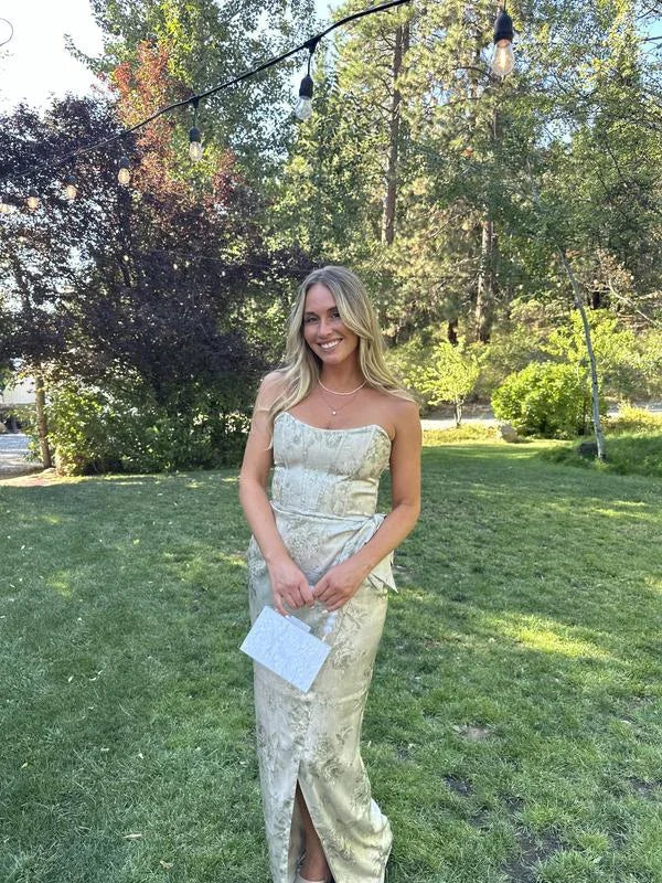 Vestido de Cetim Formal de Festa com Corpete Estampado Fúcsia e Fenda Frontal Y8458