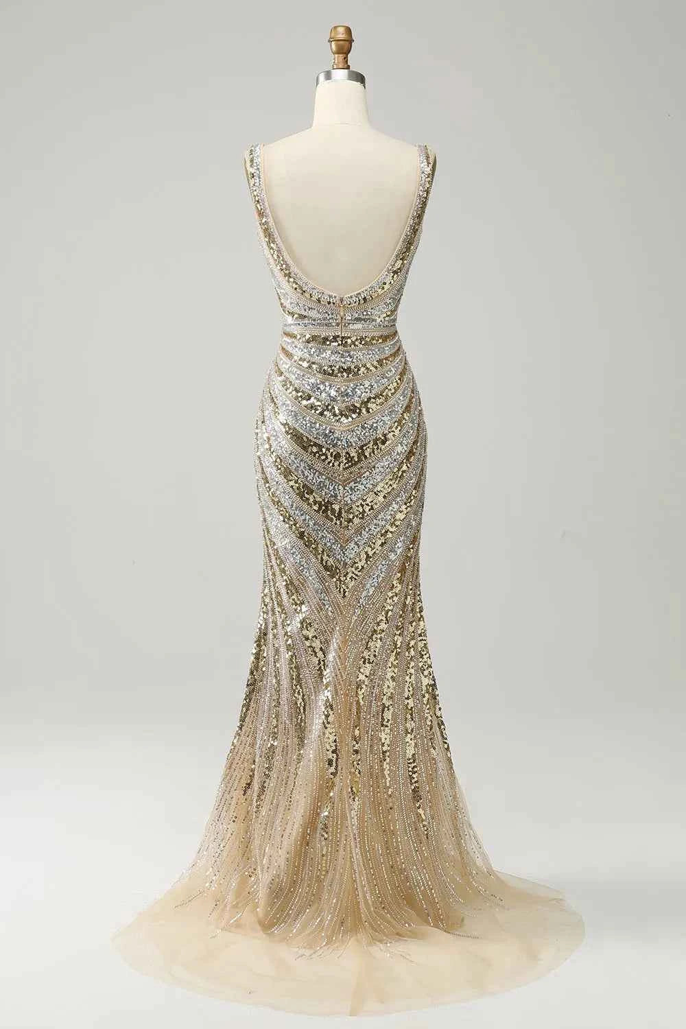 Sparkling Gold Sequined Mermaid Long Prom Dress With Deep V Neck