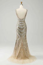 Sparkling Gold Sequined Mermaid Long Prom Dress With Deep V Neck