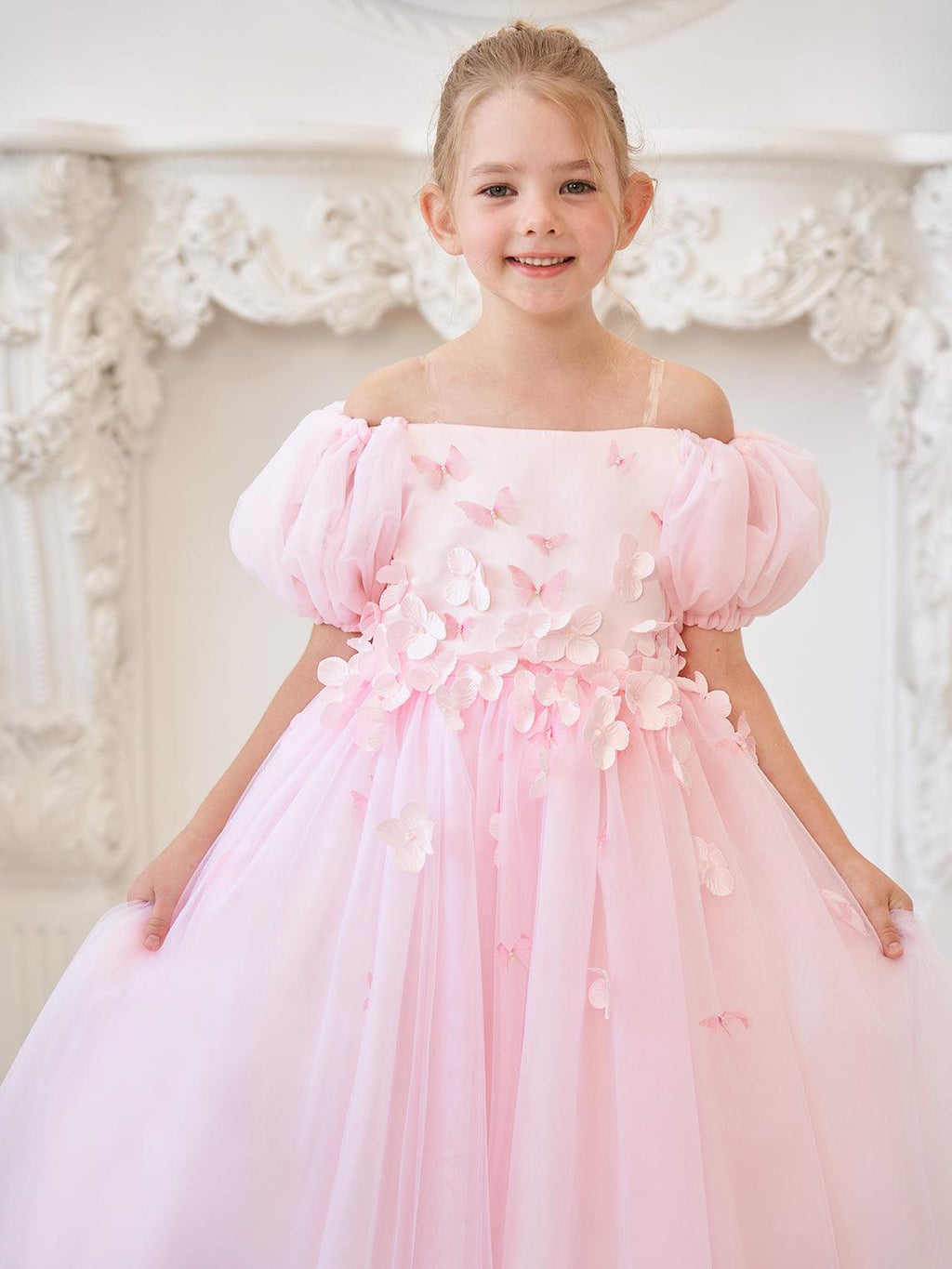 Tulle Tea Length Flower Girl Dress Square Neck Floral Applique Beading