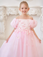 Tulle Tea Length Flower Girl Dress Square Neck Floral Applique Beading