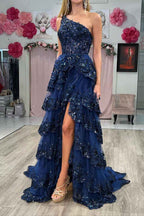 Navy Blue One Shoulder A Line Prom Dress Sparkly Polyester Lace Corset Evening Party Gown