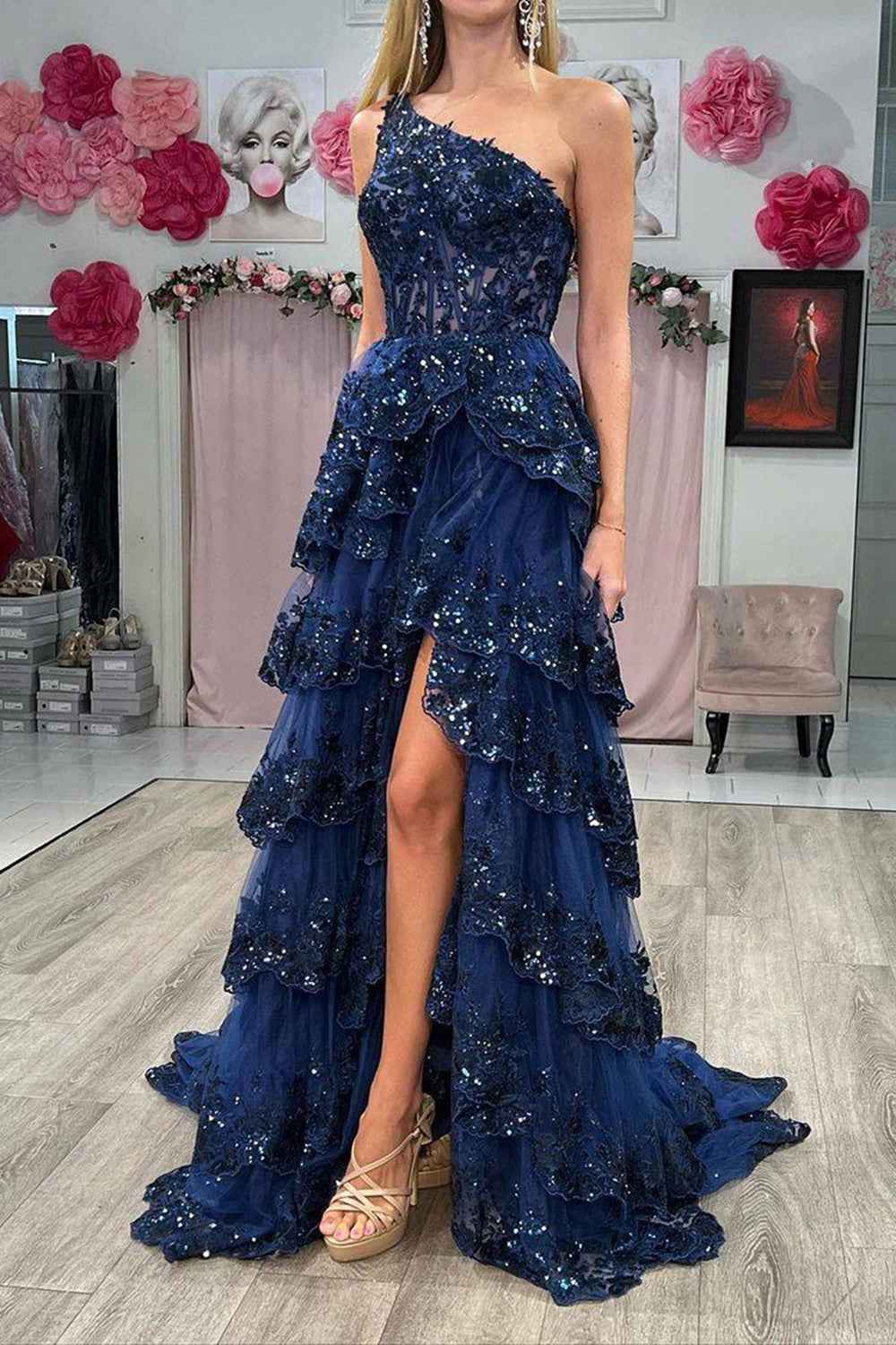 Navy Blue One Shoulder A Line Prom Dress Sparkly Polyester Lace Corset Evening Party Gown