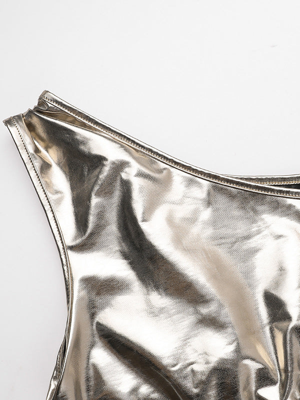 Skinny Sleeveless Asymmetric Pleated Shiny Split-Back Split-Joint One-Shoulder Evening Dresses Maxi Dresses