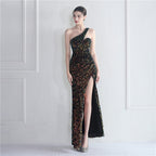 Velvet Bottom Sequin One Shoulder Fishtail Evening Dress