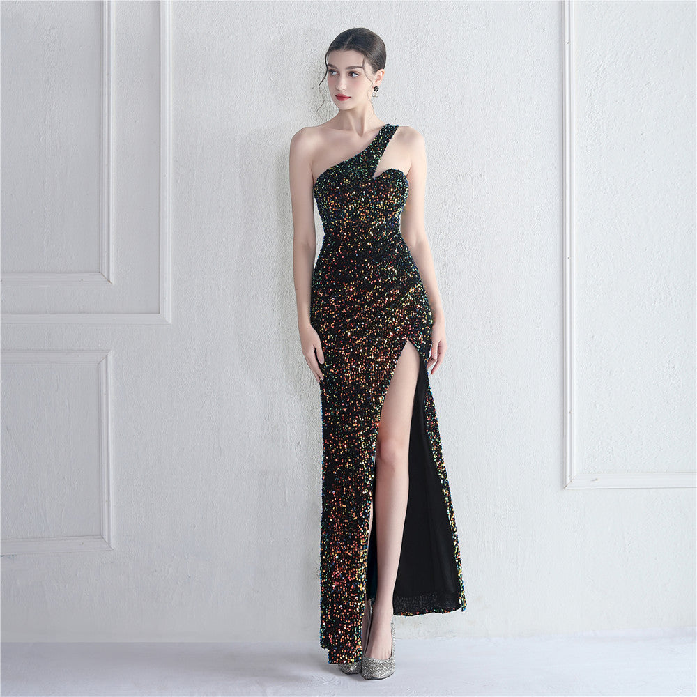 Velvet Bottom Sequin One Shoulder Fishtail Evening Dress