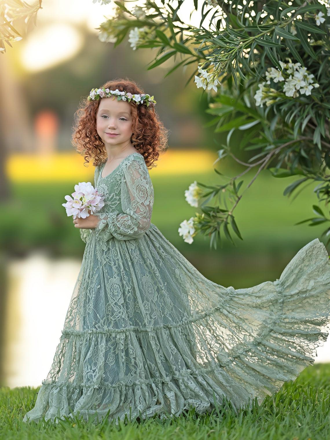 Sage Green Lace Flower Girl Dress With Long Sleeves And Ankle Length