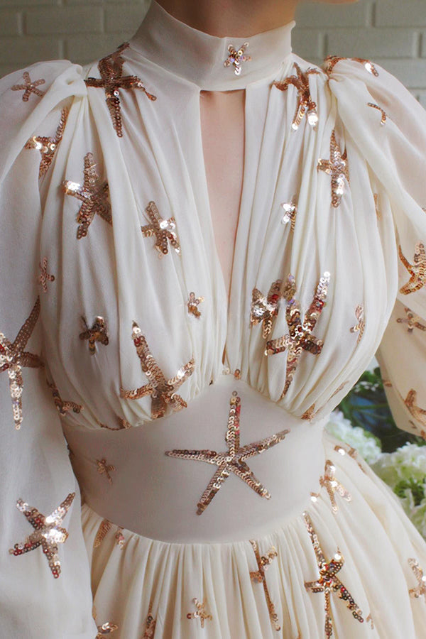 Robe de soirée longue en mousseline de soie étoilée à paillettes avec manches lanternes pour fête