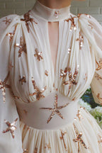 Robe de soirée longue en mousseline de soie étoilée à paillettes avec manches lanternes pour fête