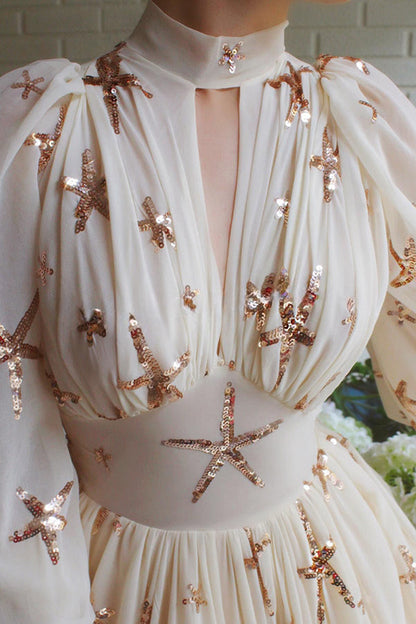 Grand Evening Chiffon-Maxikleid mit Stern-Pailletten und Laternenärmeln 