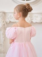 Tulle Tea Length Flower Girl Dress Square Neck Floral Applique Beading