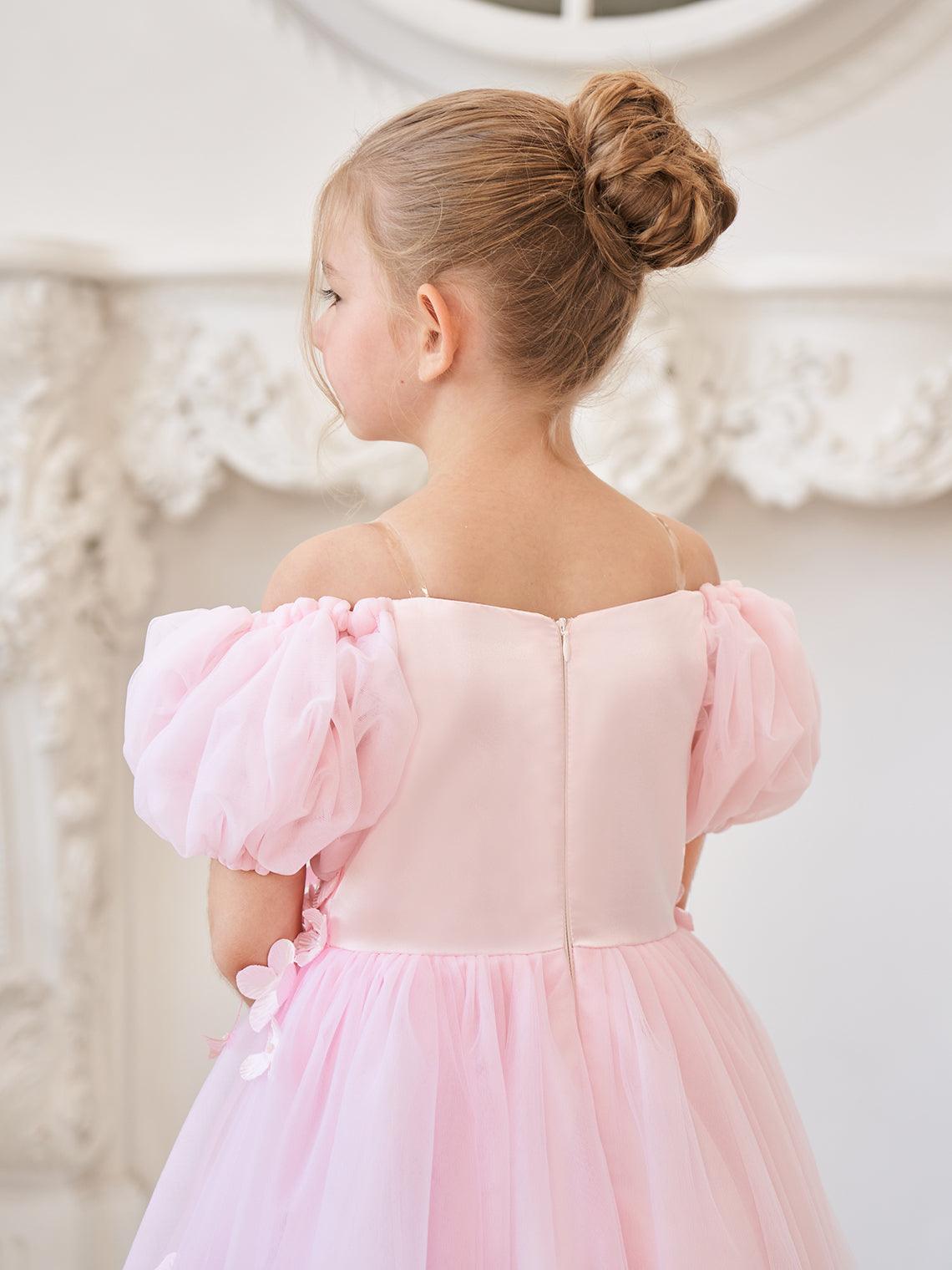 Tulle Tea Length Flower Girl Dress Square Neck Floral Applique Beading