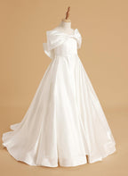 Ivory Satin Flower Girl Princess Ball Gown With Sweep Train And Bow Trim