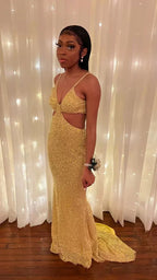 Abito da sera senza maniche color oro scintillante a sirena, abito da ballo sexy per ragazze nere Y813
