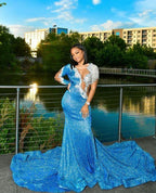 Abito da sera lungo con paillettes blu e strascico, vestito da ballo seducente per ragazze di colore Y846