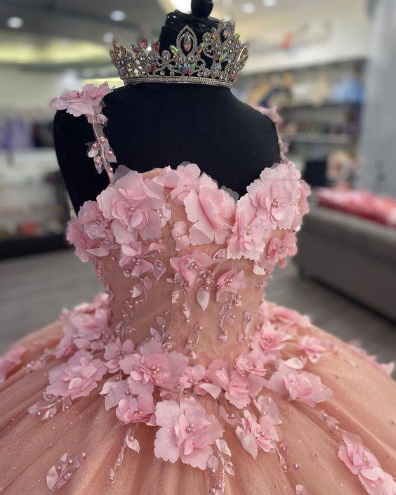 Abito principesco sontuoso rosa con applicazioni 3D a palloncino Abito per sedicesimo compleanno Y824