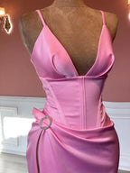 Vestido de noite elegante rosa sem mangas com alças finas Vestido de concurso rosa Y817