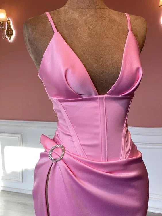 Elegante abito da sera rosa senza maniche con spalline sottili Abito rosa per concorso Y817