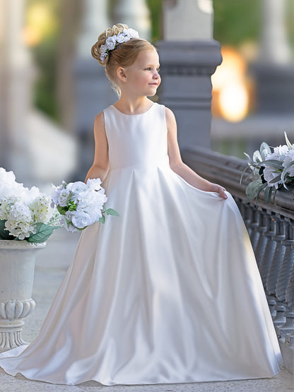 Robe de demoiselle d'honneur de première communion en satin et dentelle coupe A-line 
