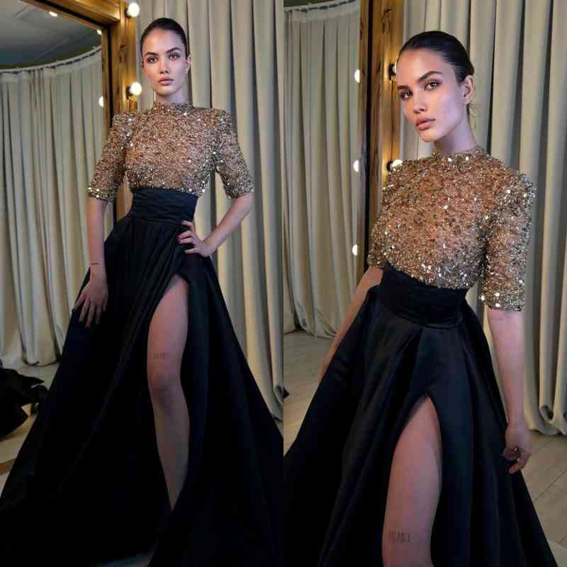 Long Prom Dress Half Sleeves High Slit Custom 70 Colors Available