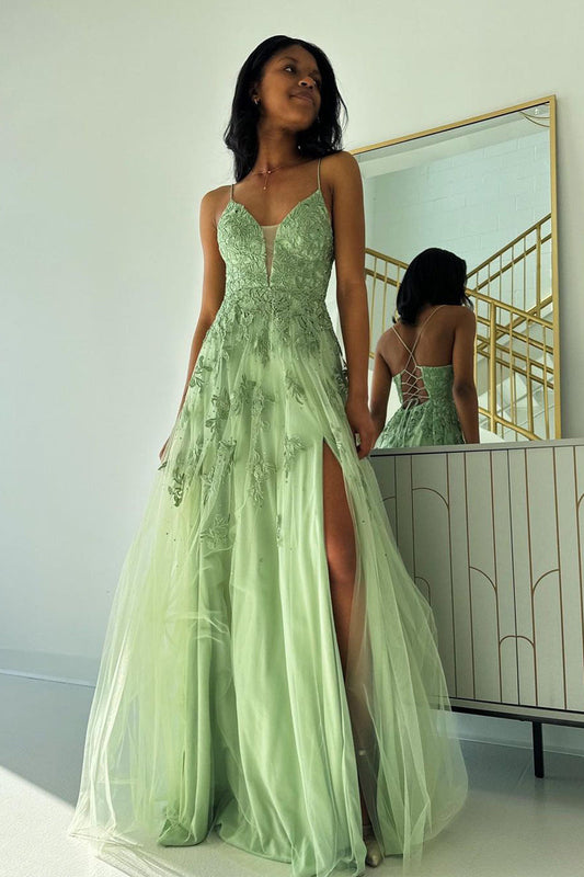 Vestidos de fiesta largos de tul con escote en V y apliques en color verde salvia