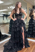 A Line Off Shoulder Black Corset Prom Dress With Lace Ruffles