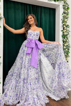 Eleganti abiti lunghi da sera senza spalline in chiffon stampato floreale con spacco