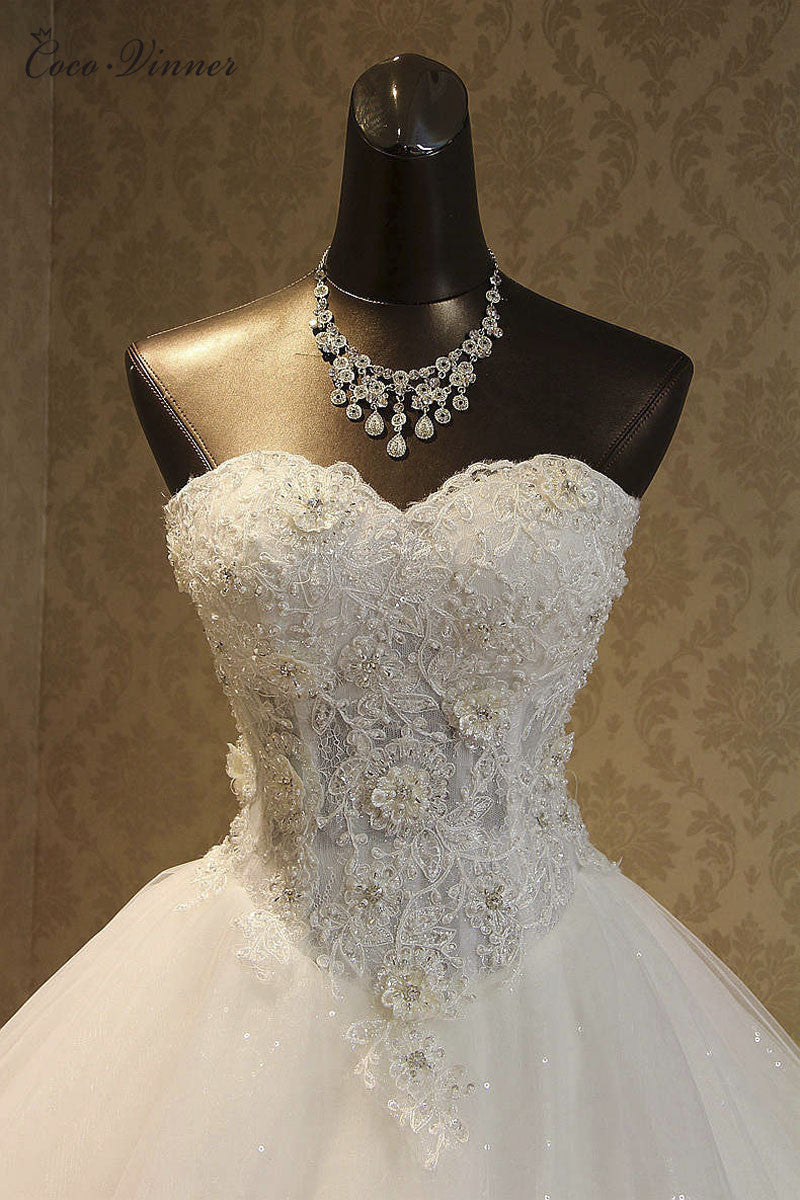 BMbridal Strapless Tulle Ball Gown Wedding Dress With Lace Appliques Sequined